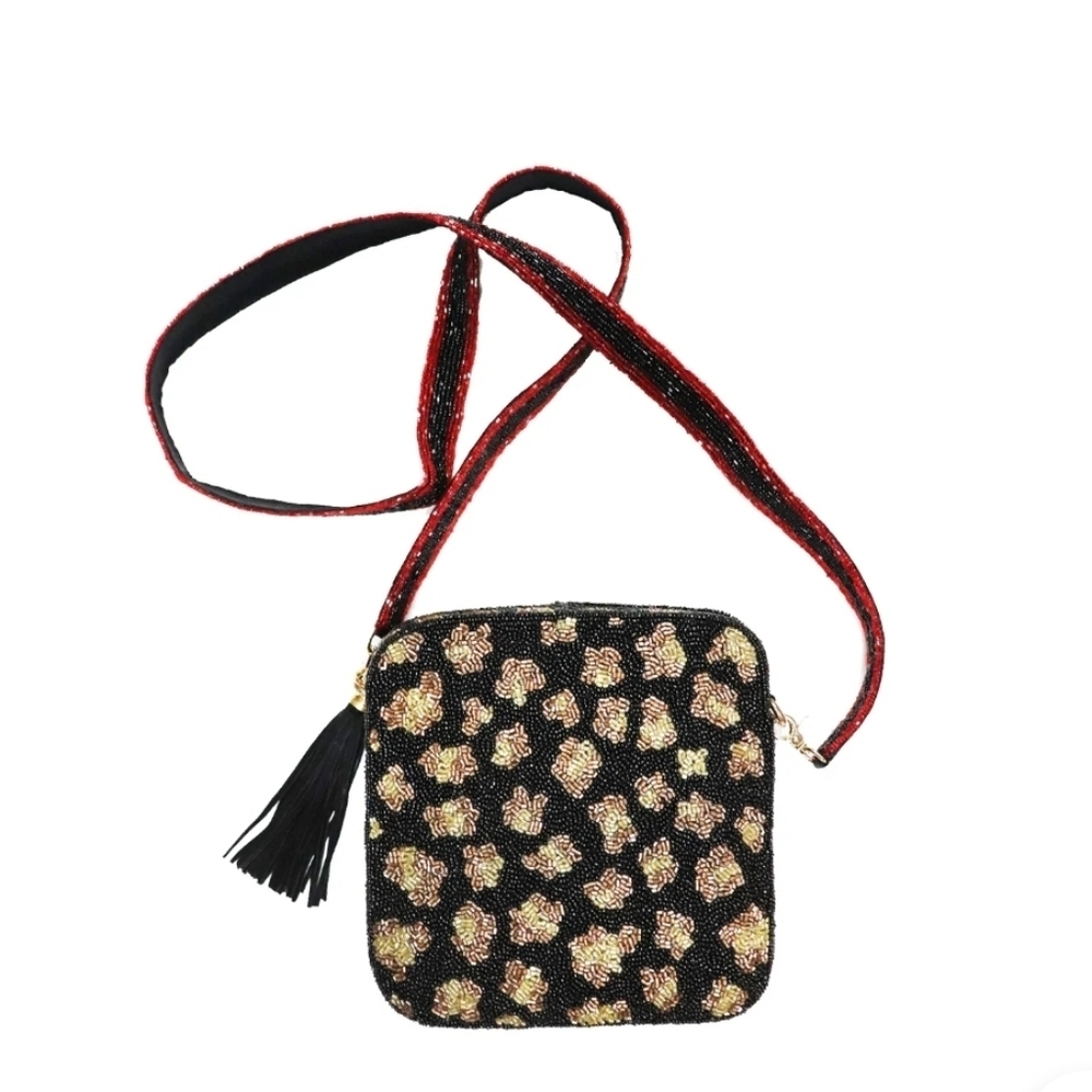 Moyna Beaded Leopard Crossbody Bag — Handmade Statement Purse